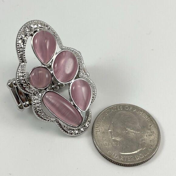 Silver Tone Purple Cat Eye Glass Halo Stretch Rings Adjustable Statement Bling - Picture 5 of 6